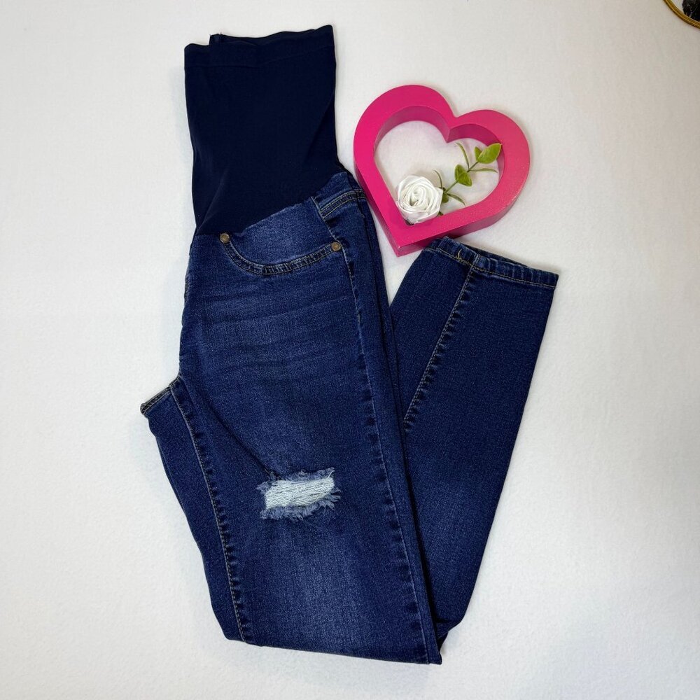 Haute Mama Maternity Skinny Jeans Womens Size S Blue Stretch Distressed Denim